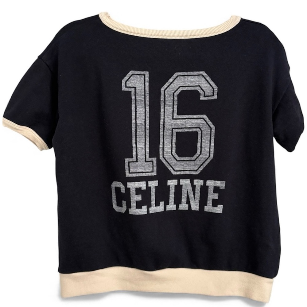 Celine Deep Blue Cotton Cashmere Crewneck Short-Sleeve Shirt "16" Logo - Picture 2 of 7